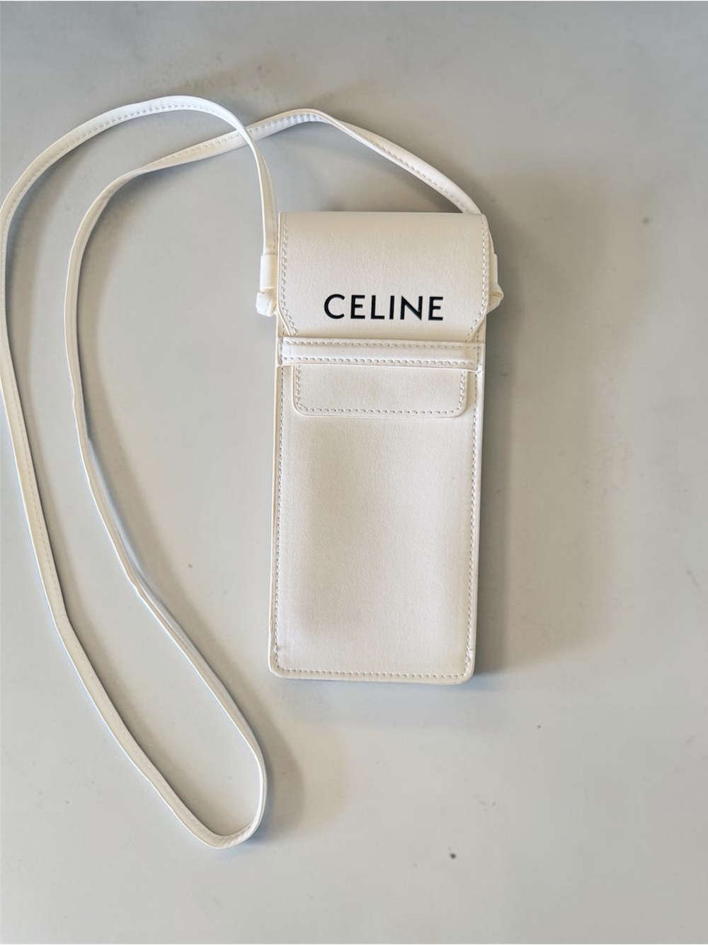 Celine White Leather Crossbody Phone Pouch with Strap
